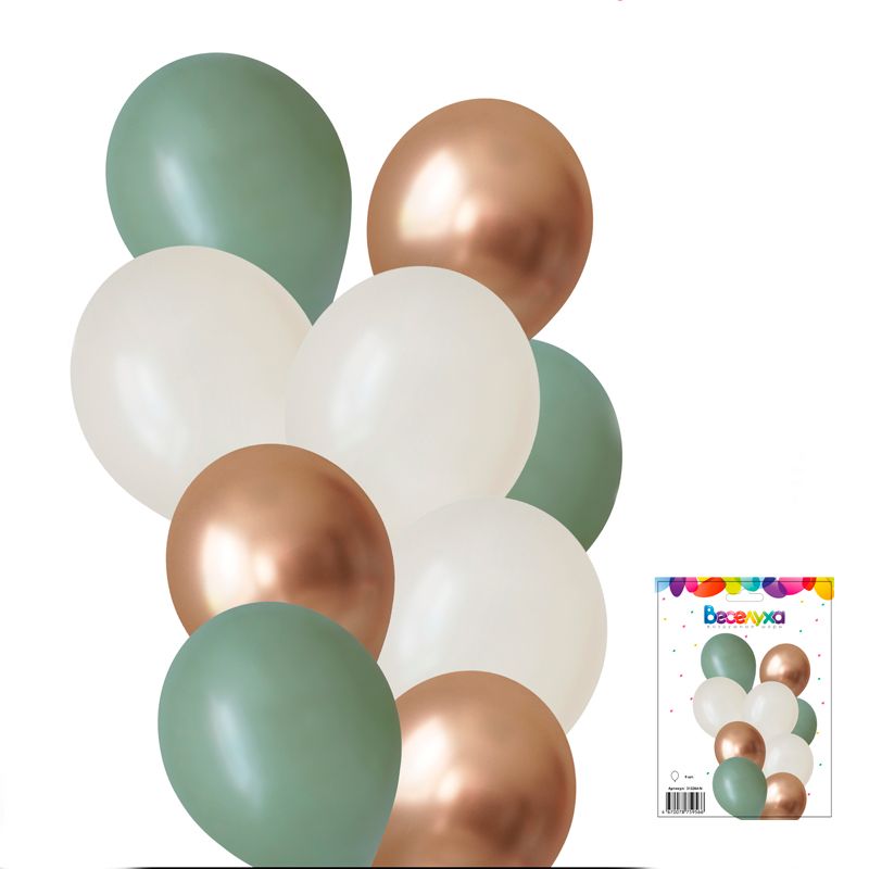 Набор шаров "Эвкалипт и золото" 9 в 1/ 9 воздушных шаров /1 набор/ (Россия)