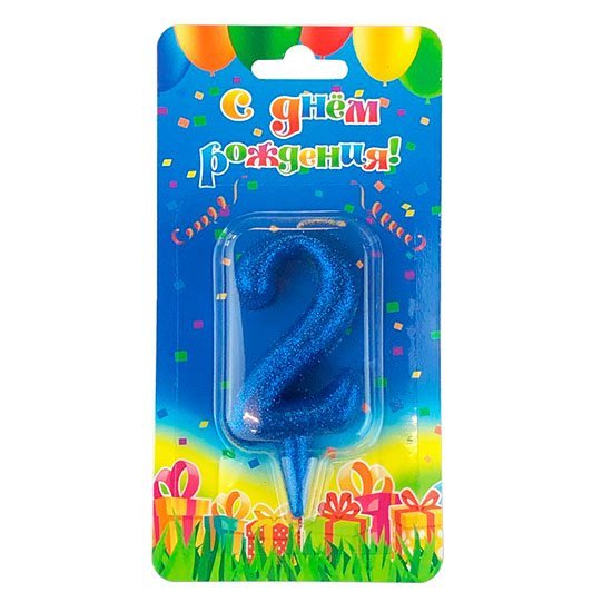 Свеча цифра 2 "Овал" синий блеск