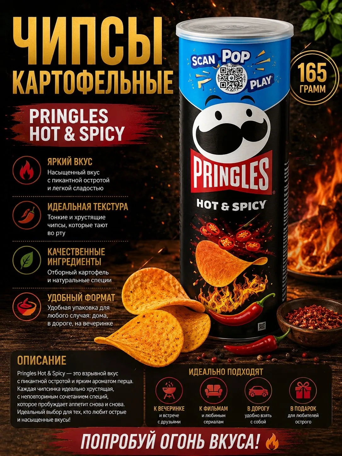 Акция!Pringles Hot&Spicy (Принглс Острый и Пряный) 160г															