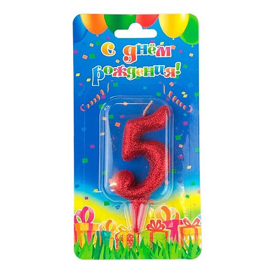 Свеча цифра 5 "Овал" красный блеск