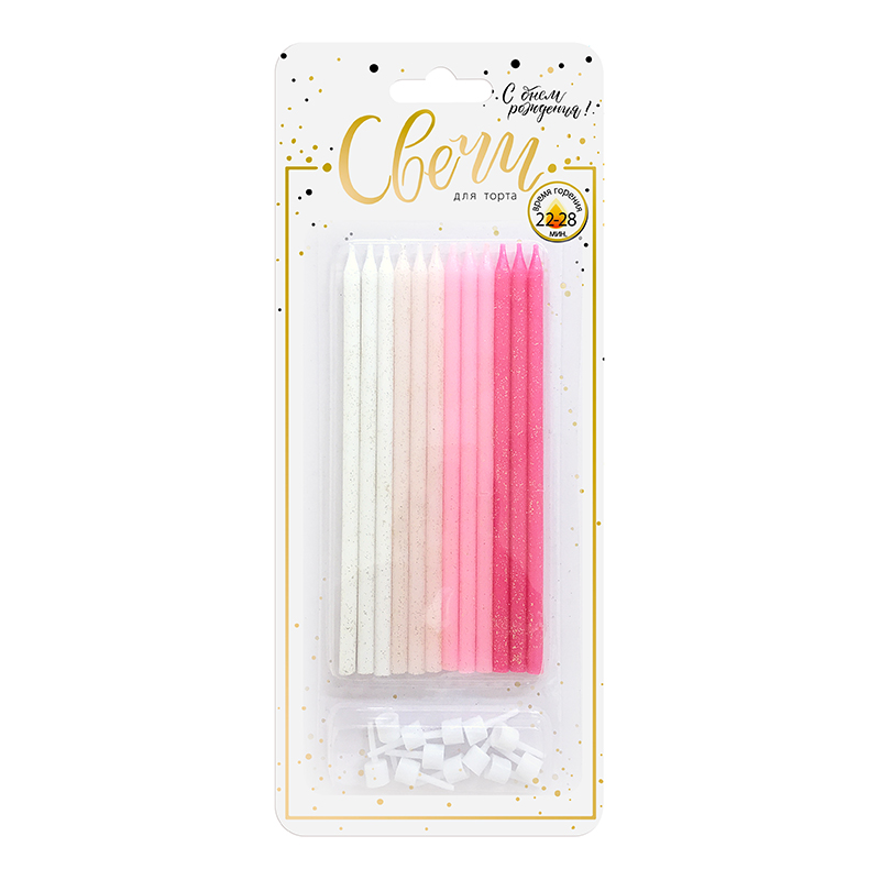 Свечи тортовые классические XL"Микс с глиттером" Розовый, нежно-розовый, персиковый с держателями 15 см, 12 шт.