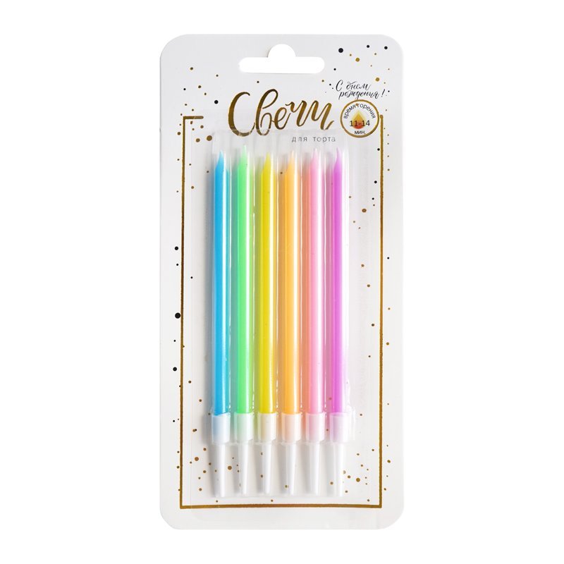 Свечи тортово-коктейльные Микс Неон с держателями/6 шт/14см (Китай)