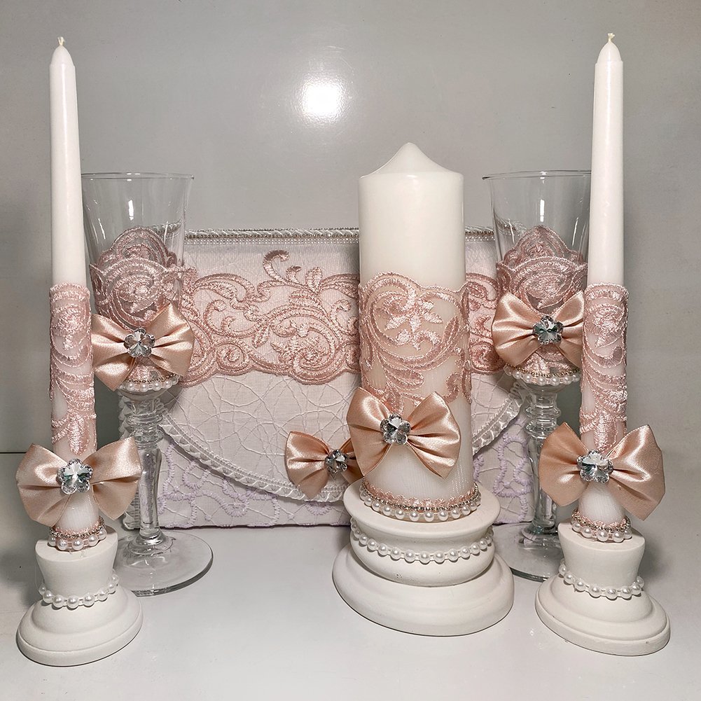 Свадебный набор Семейный банк + свечи + бокалы (пудровый)