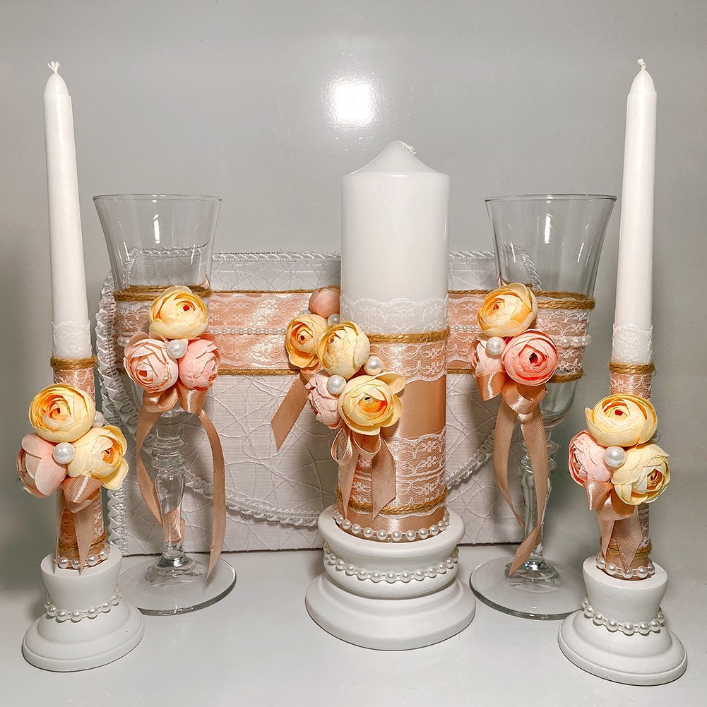 Свадебный набор Семейный банк + свечи + бокалы (персиковый)