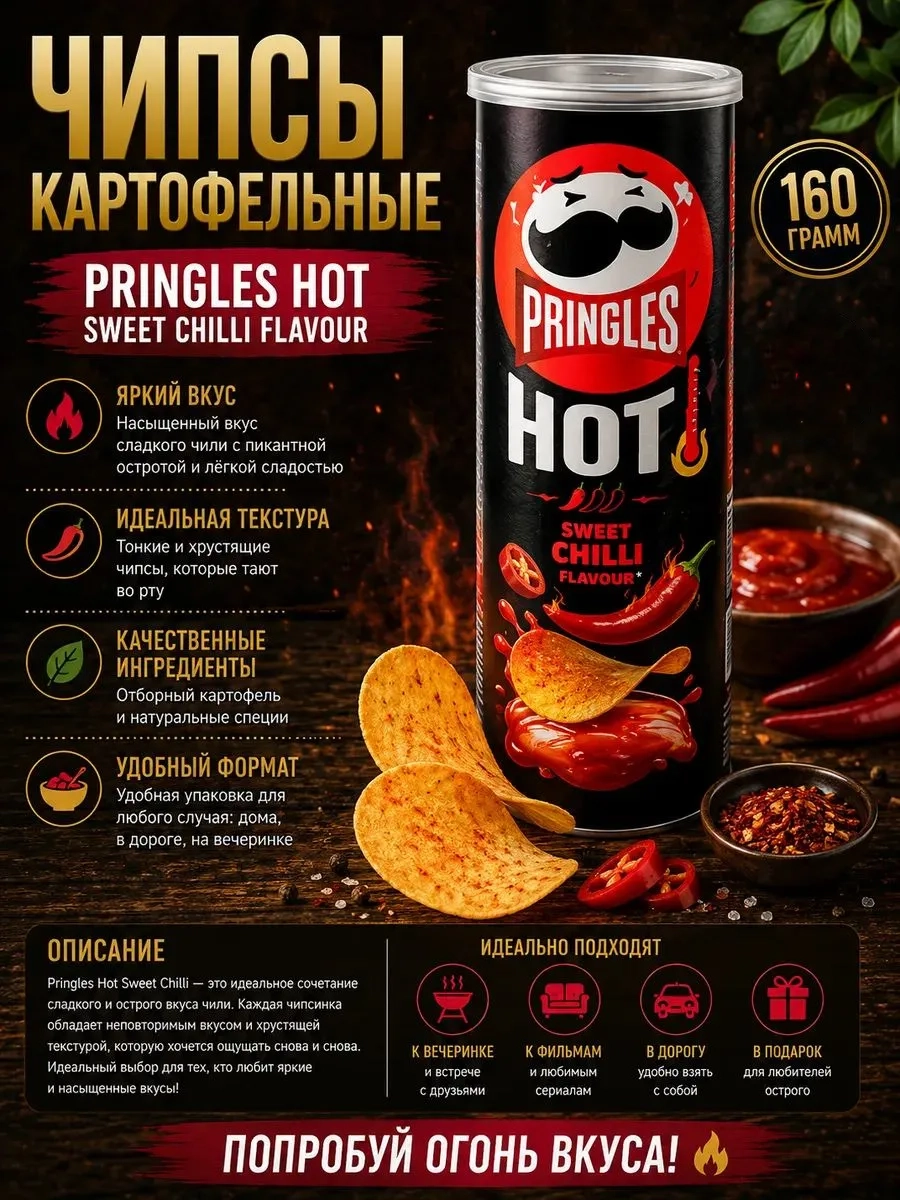 Акция!Pringles 160гр. HOT Sweet Chilli (сладкий чили)