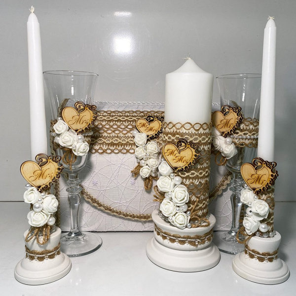 Свадебный набор Семейный банк + свечи + бокалы (дерево)