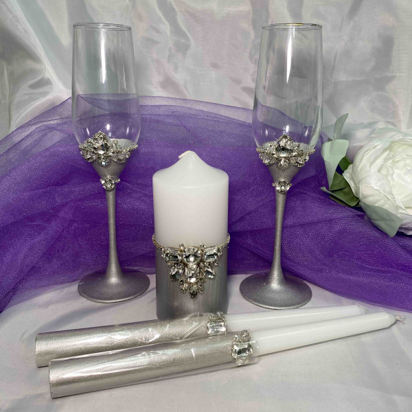 Набор свадебный (свечи и бокалы) Серебро