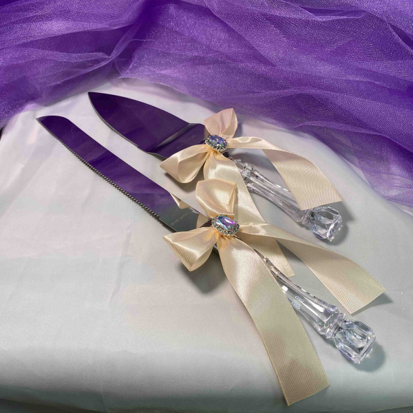 Набор для торта (нож и совок) с пудровым бантом