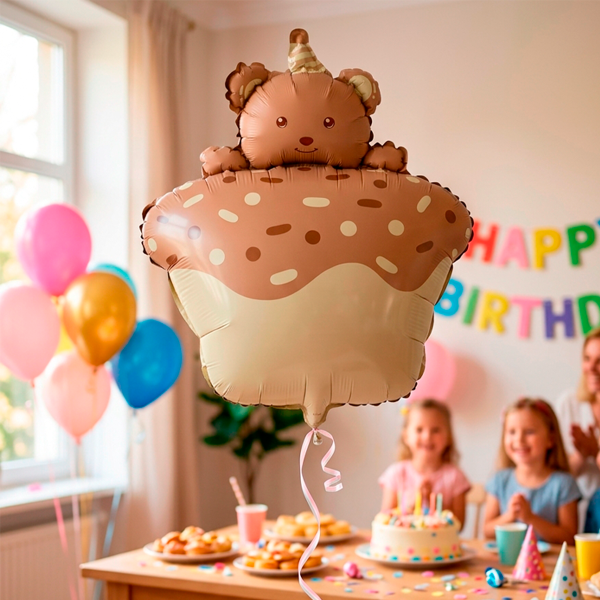 К 21 Мишка кексик сатин/ Cake Bear / 1 шт /, Фольгированный шар в упаковке