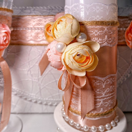 Свадебный набор Семейный банк + свечи + бокалы (персиковый)