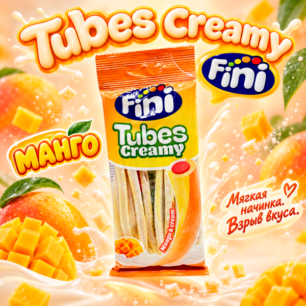 Акция!Мармелад жевательный Fini "Трубочки" манго (Tubes Mango&Cream) 80г 