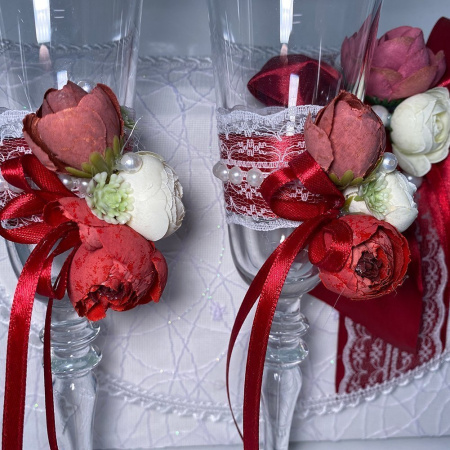 Свадебный набор Семейный банк + свечи + бокалы (красный)