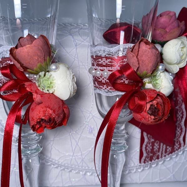 Свадебный набор Семейный банк + свечи + бокалы (красный)