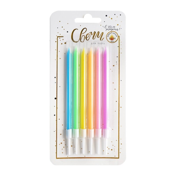 Свечи тортово-коктейльные Микс Неон с держателями/6 шт/14см (Китай)
