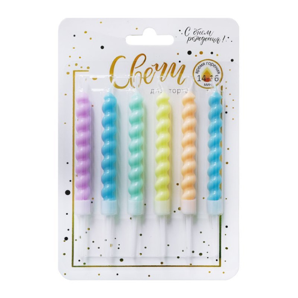 Свечи тортовые классические "Гиганты" Витые (Макаронс Пастель) с держателями/6 шт/8см (Китай)