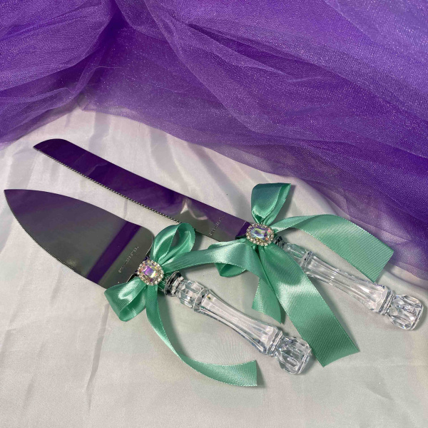 Набор для торта (нож и совок) с зелёным бантом